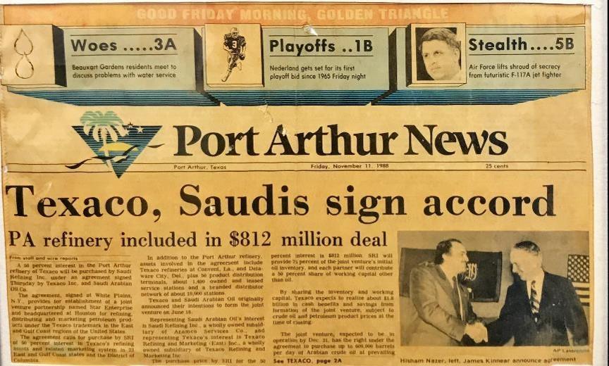 A newspaper headline from 1988 stating Texaco, Saudis sign accord.