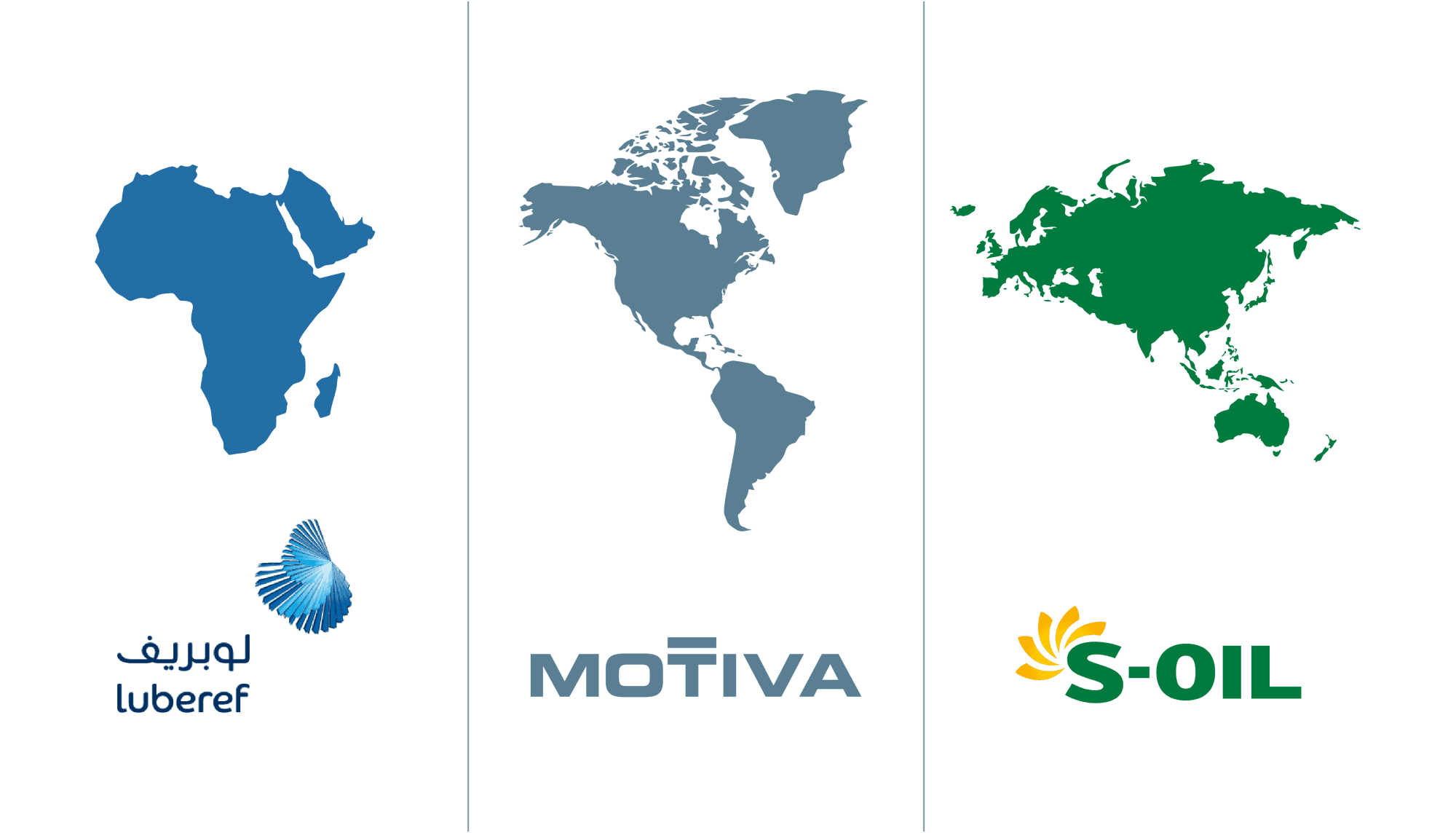 Map showing global Aramco brands - Luberef for Africa, Motiva for North America, and S-Oil for Asia